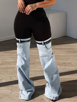 Trendy Two Tone High Elastic Waist Jeans - Women Patchwork Streetwear Style With Garter Belt Detail SS69