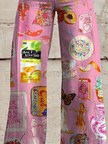 1 Pair of European And American Women'S Retro Style Denim High Waist Wide Trousers, Casual Style, Creative Printing, Suitable for Wearing in All Seasons Denim Women'S Trendy Trousers SS69