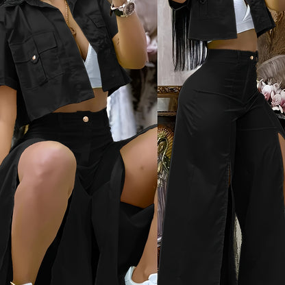 Women's Vibrant Yellow Casual Two-Piece Set: Short Sleeve Button-Up Shirt & High-Waist Wide-Leg Pants with Thigh-High Slit - Polyester, Machine Washable - SS69