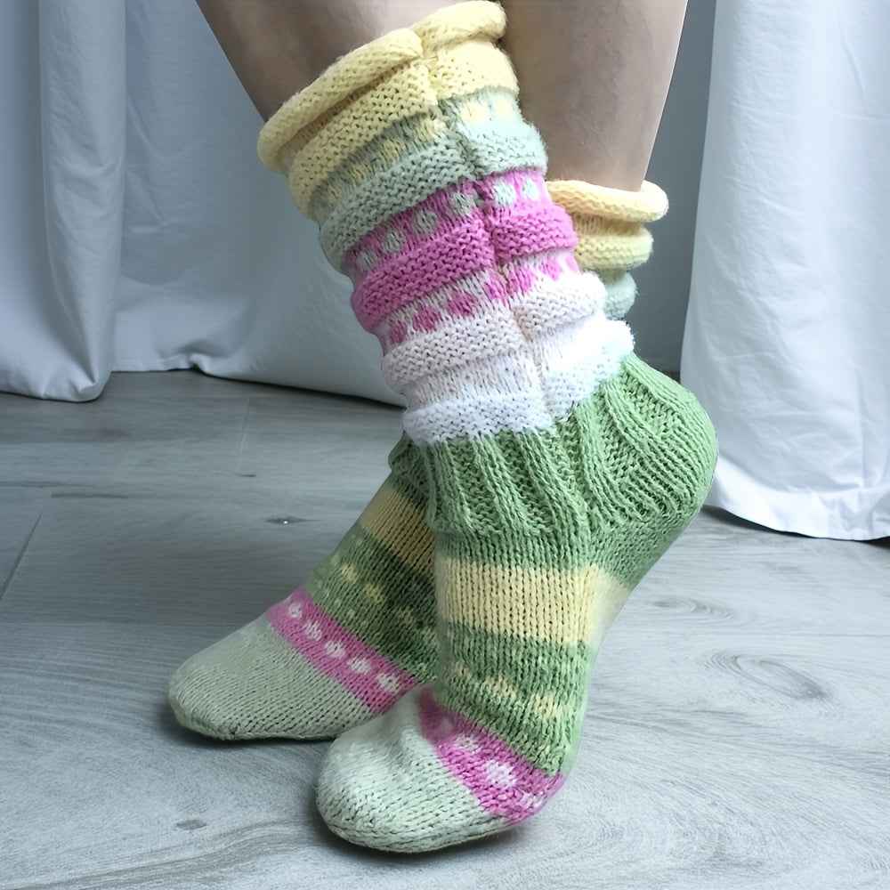 A Pair of Ins-Style Winter Women's Colorful Striped Crew Socks, Cross-Border Women's Mid-Calf Warm Color-Block Floor Socks, Cozy Footwear, Trendy Socks, Insstyle Fashion, Hand Wash Care, Durable Stitching, Women's Socks, Crew