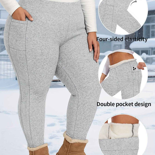Plus Size, Women's Thermal Full-Length Leggings with Pockets - High-Elasticity Snug-Fit Pants for Winter Warmth, Solid Color Casual Wear Suitable for Home,, & Outdoor