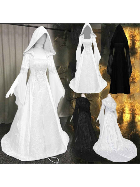 Women's Medieval Renaissance Wedding Dress & Costume - Off-Shoulder/Boat Neck Hooded Waist A-Line Dress with Slim-Fit Bodice & Flowing Train, Machine Washable Renaissance Faire Outfit for Renaissance-Themed Events, Weddings,