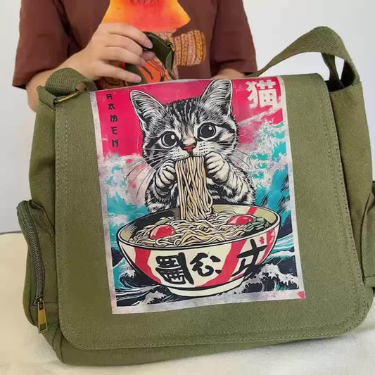 Large Capacity Shoulder Bag, Vintage Tote Crossbody Bag, Messenger Bag, Cat Eating Ramen Print, Suitable for Various Scenarios, Perfect Gift Choice for Shopping, Travel, and Dining Out SS69