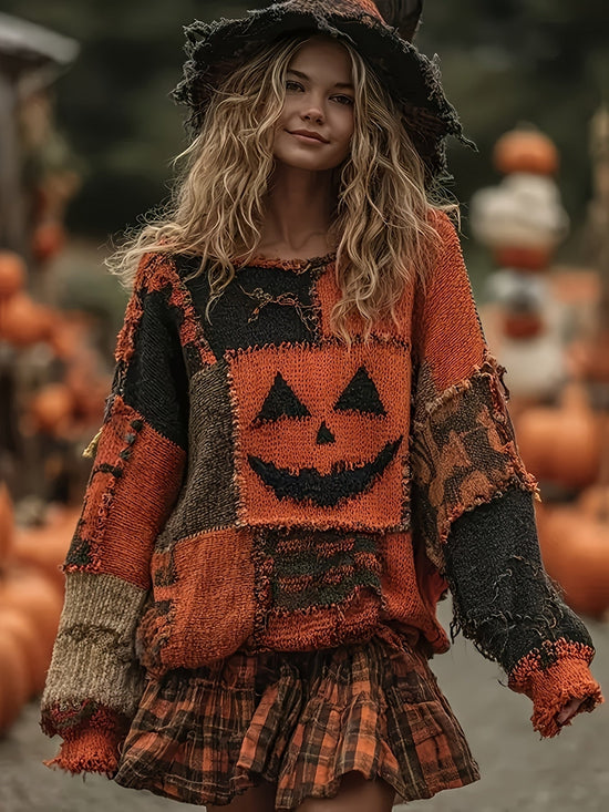 's 3D Pumpkin Monster Sweater - Oversized Round Neck Pullover with Plaid & Jack-o'-Lantern Patches, Warm Winter Costume for Halloween Parties, Casual Fall Outfits (Machine Washable) - Elegant Loose Fit Sweater SS69