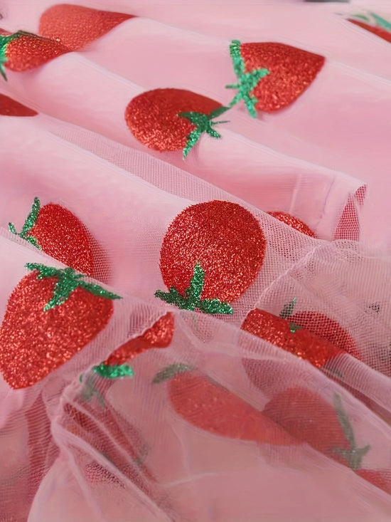 Women's 1950s Retro Vintage Dress Adjustable Spaghetti Straps Mesh Strawberry Swing Dress Cocktail Dress SS69