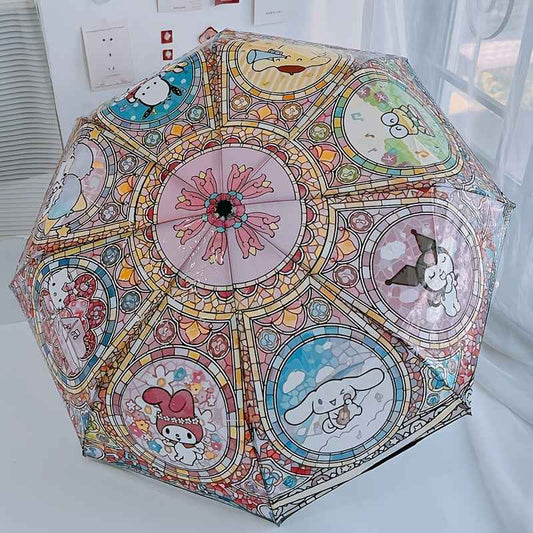[Cute Anime Umbrella] Sanrio Kuromi/Pochacco/Melody/Kulomi/Beloved Star 1pc Automatic Open/Close Umbrella | Cute Anime Umbrella with 8-Rib Compact Folding Design, One-Touch Button, Pink/Blue/Golden/Purple/Green/Brown/Beige -