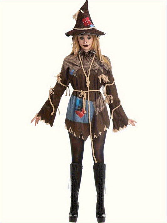 Women's Scary Scarecrow Costume with Hat & Dress - Complete Halloween Outfit with Straw-like Hair, Fake Drawstring Neck Ruffle Collar & Waist Rope - 100% Polyester Durable Costume for Halloween Parties, Themed Events, Wizard SS69