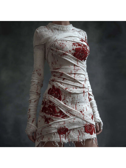 Women's Gothic Skeleton Print Sweater Dress - Form-Fitting Short Sleeve A-Line Dress with Round Neck, Hand Washable Costume Party Outfit for Halloween, Themed Events & Casual Wear (Skeleton Pattern) SS69