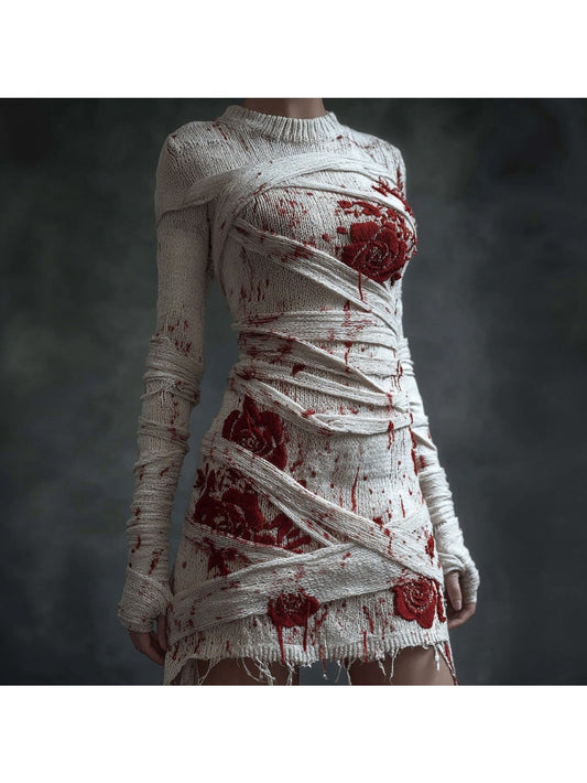 Women's Gothic Skeleton Print Sweater Dress - Form-Fitting Short Sleeve A-Line Dress with Round Neck, Hand Washable Costume Party Outfit for Halloween, Themed Events & Casual Wear (Skeleton Pattern) SS69