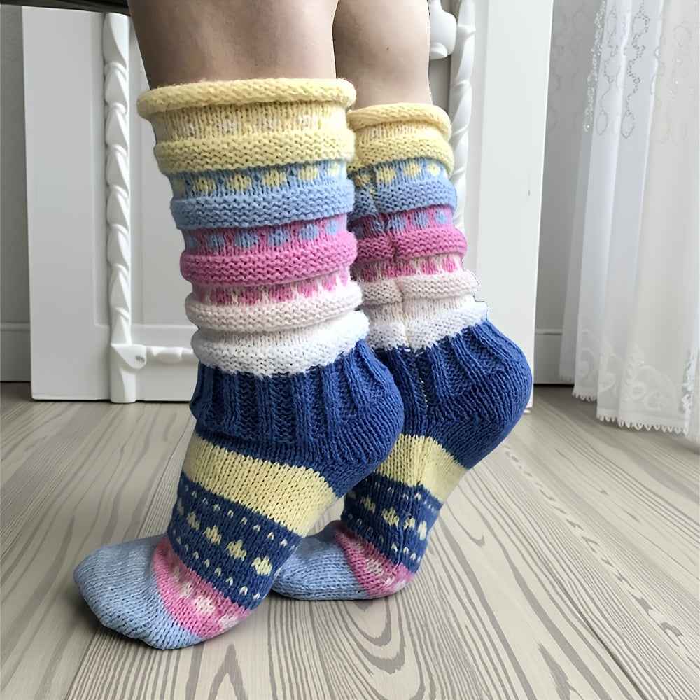 A Pair of Ins-Style Winter Women's Colorful Striped Crew Socks, Cross-Border Women's Mid-Calf Warm Color-Block Floor Socks, Cozy Footwear, Trendy Socks, Insstyle Fashion, Hand Wash Care, Durable Stitching, Women's Socks, Crew