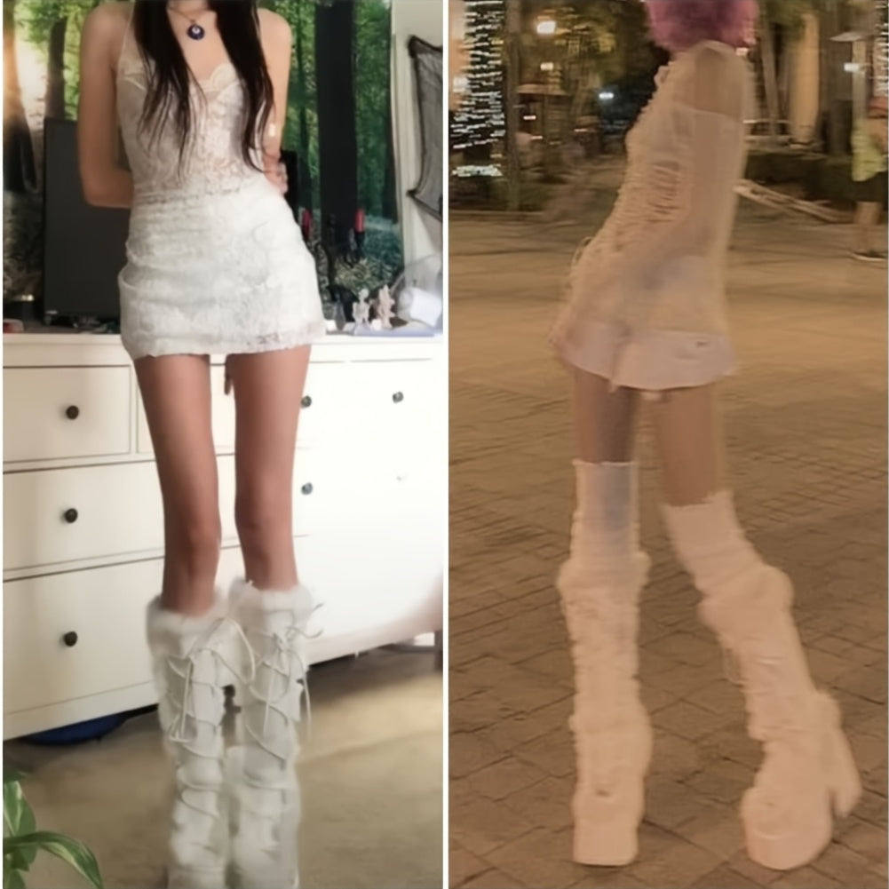 Womens Winter Punk Goth Boots - Faux Fur Lined, Side Zipper, Lace Up, Chunky Heel, Platform, Warm, Knee High, Mid Calf, Block Heel, Snow Walking Boots For Women - SS69