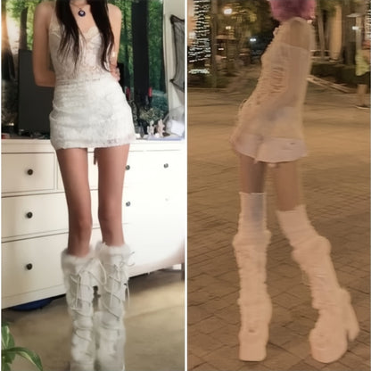 Womens Winter Punk Goth Boots - Faux Fur Lined, Side Zipper, Lace Up, Chunky Heel, Platform, Warm, Knee High, Mid Calf, Block Heel, Snow Walking Boots For Women - SS69