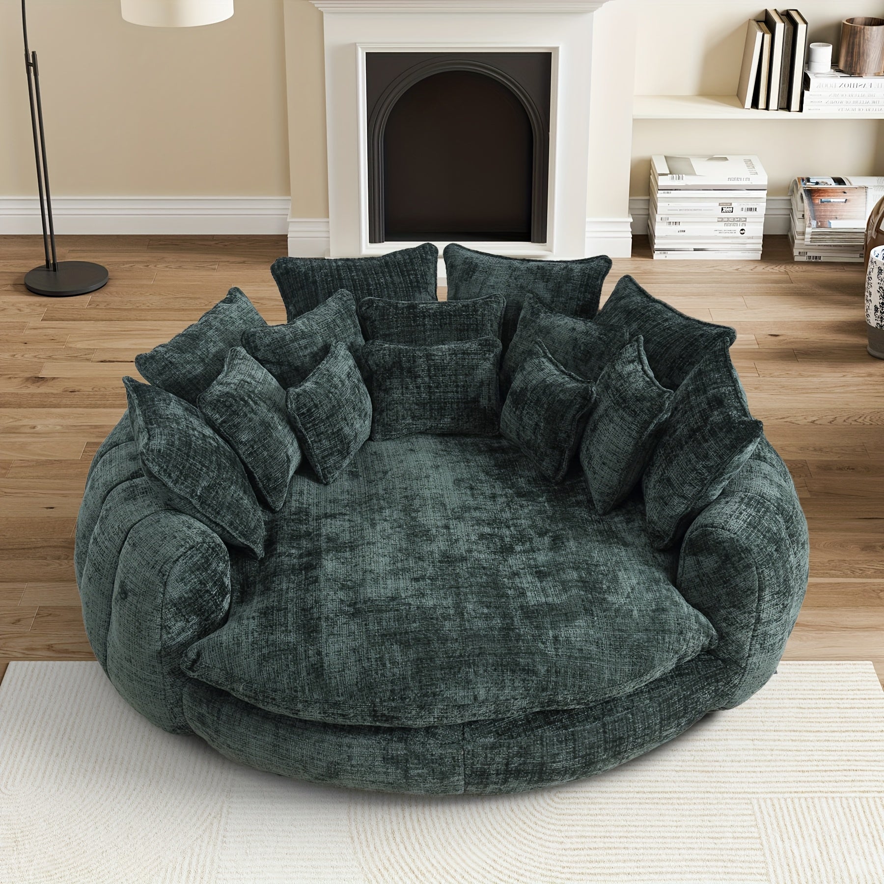 81.1" W Oversized Round Chaise Lounge, Fluffy Lazy Bean Bag Sofa With 14 Pillows, Comfy Chenille Upholstered Barrel Sleeper Bed, Modern Deep Seat Cloud Couch For Living Room Apartment SS69 783.69 Dark Green