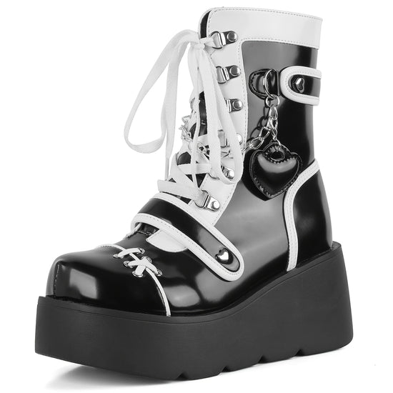 [Goth Rave High Heel Boots] Goth Rave High Heel Round Toe Zipper Wedges Mid Calf Booties - Platform Ankle Boots For Women - Kawaii Shoes SS69 56.69 US 10 / Black White