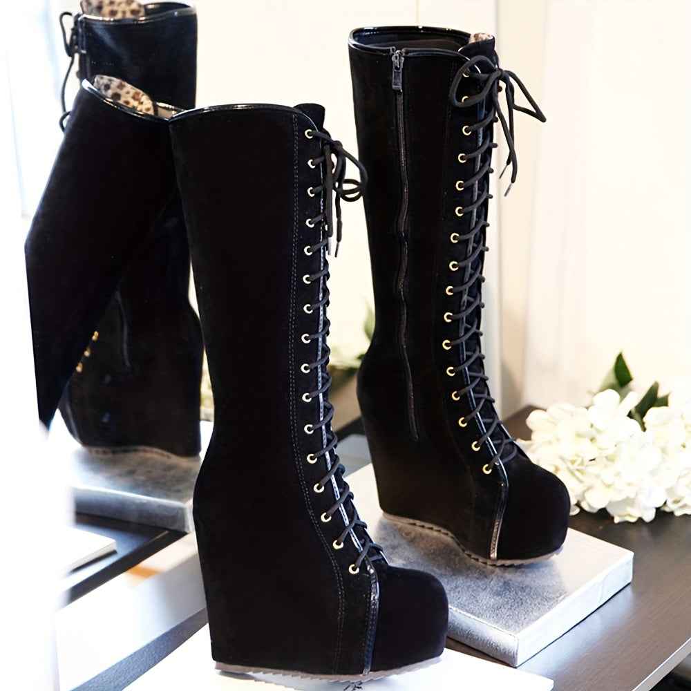 EROCALLI Women'S Gothic Y2K Platform Wedge Heel Knee-High Boots - Chunky Heel Lace-Up with Side Zipper, Faux Cover & Rubber Sole for Casual Party & Daily Wear, High Heel Boots, Party Footwear, Bold Fashion Statement, Durable