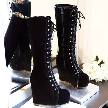 EROCALLI Women'S Gothic Y2K Platform Wedge Heel Knee-High Boots - Chunky Heel Lace-Up with Side Zipper, Faux Cover & Rubber Sole for Casual Party & Daily Wear, High Heel Boots, Party Footwear, Bold Fashion Statement, Durable