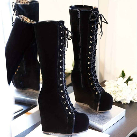 EROCALLI Women'S Gothic Y2K Platform Wedge Heel Knee-High Boots - Chunky Heel Lace-Up with Side Zipper, Faux Cover & Rubber Sole for Casual Party & Daily Wear, High Heel Boots, Party Footwear, Bold Fashion Statement, Durable