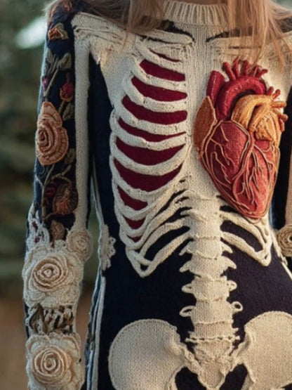 Women's Gothic 3D Skull Sweater - Retro Winter Warm Crewneck Sweater with Skull & Bone Pattern, Long Sleeve Hand Washable Fall Winter Sweater for Halloween Costume or Casual Outfit (Cozy Knitwear) SS69