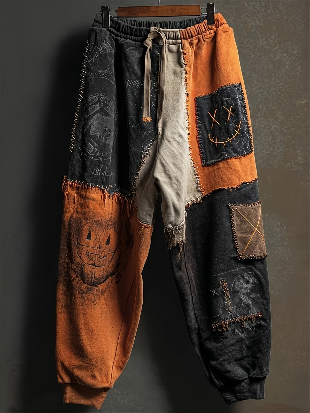 's Halloween Themed Torn & Frayed Hem Joggers - Orange/Black/White Casual Pants with joyful Face & Crossed-out Eyes Pocket Design, All-Season Wear, Machine Washable Costume or Everyday Bottoms SS69