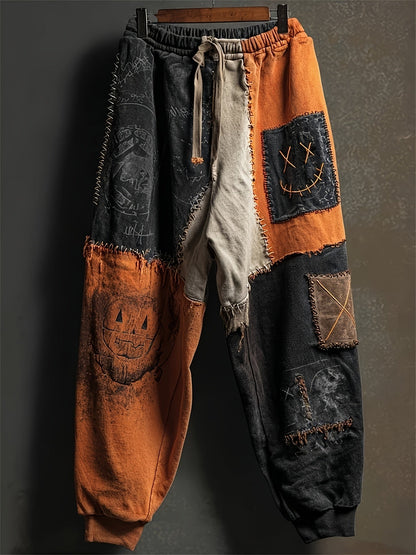 's Halloween Themed Torn & Frayed Hem Joggers - Orange/Black/White Casual Pants with joyful Face & Crossed-out Eyes Pocket Design, All-Season Wear, Machine Washable Costume or Everyday Bottoms SS69