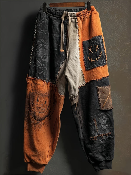 's Halloween Themed Torn & Frayed Hem Joggers - Orange/Black/White Casual Pants with joyful Face & Crossed-out Eyes Pocket Design, All-Season Wear, Machine Washable Costume or Everyday Bottoms SS69