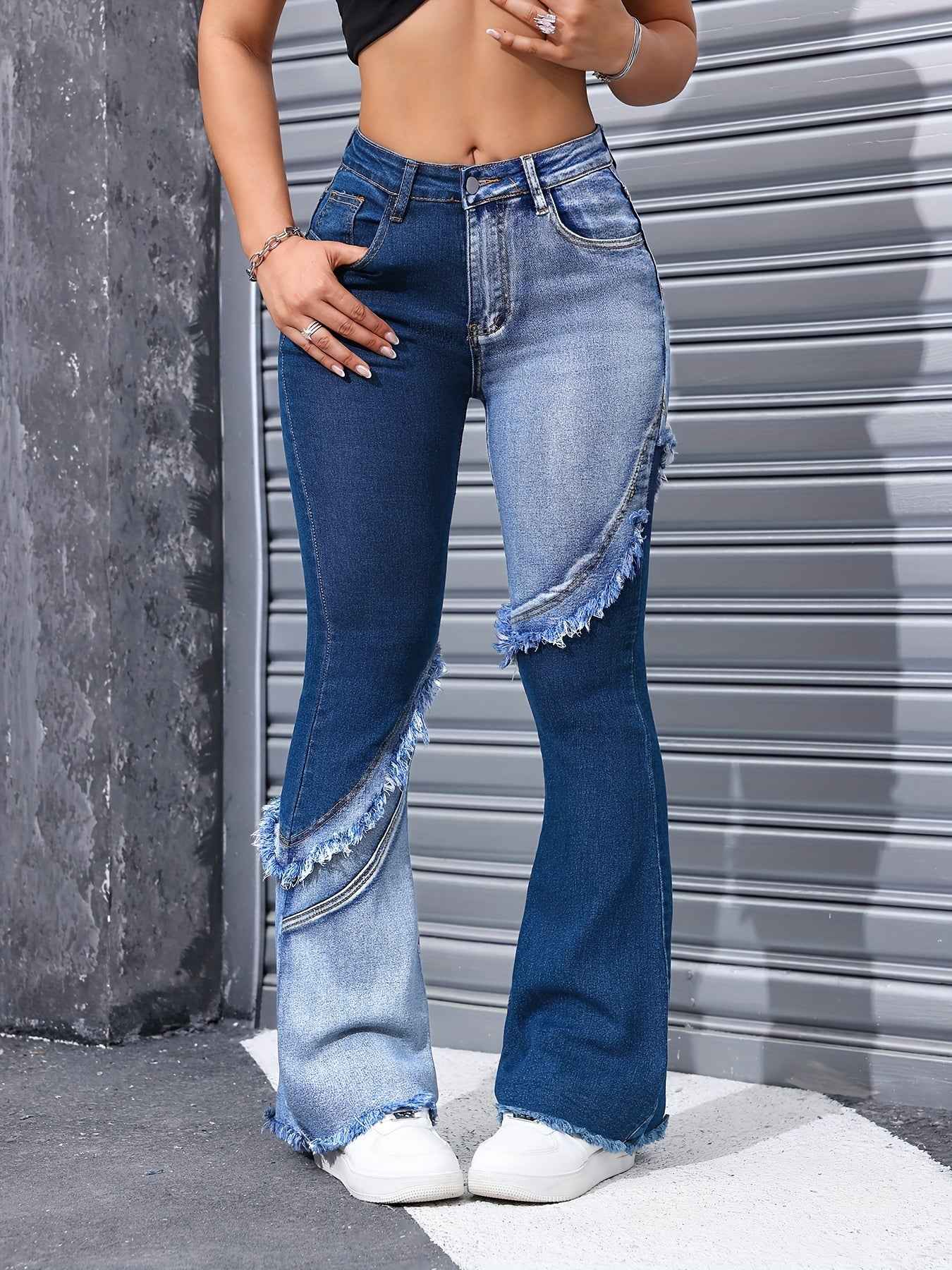 Women's High Waist Stretch Denim Jeans - Slim Fit Y2K Street Style with Two-Tone Patchwork & Raw Edge Flared Legs, Machine Washable Blue Washed Trousers, Trendy Outfit Pants, Bellbottom Silhouette, Detailed Stitching