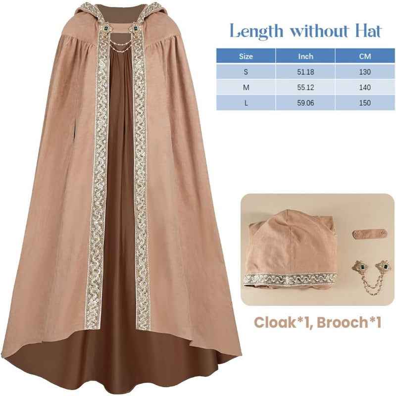 Medieval-Style Hooded Cape Costume, Celtic Knot & Satin Trim, Adjustable Tie-Front Closure, Renaissance Faire Outfit for Renaissance Festival Cosplay Themed Parties, Beige Pink Dark Green Burgundy