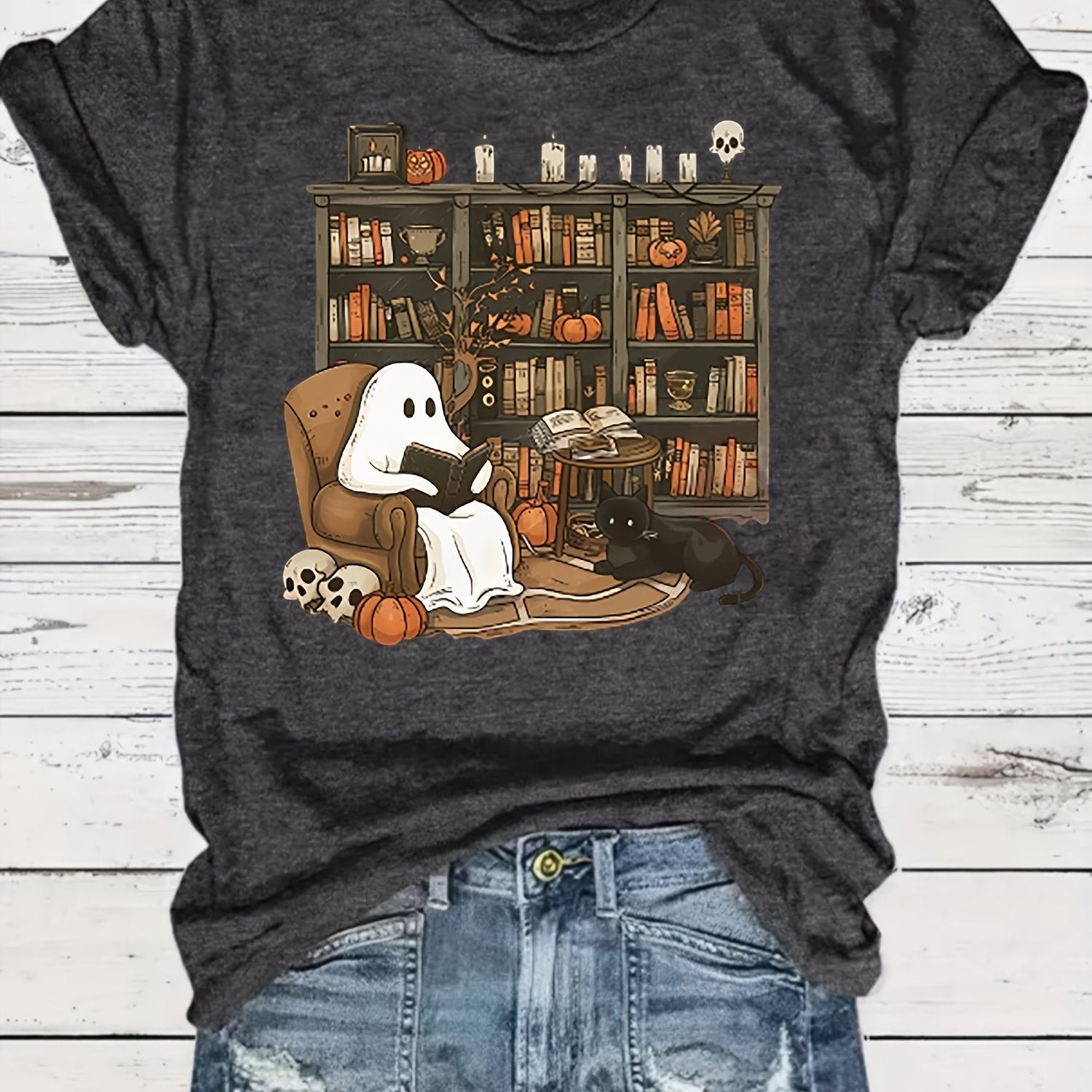 [Halloween T-Shirt] Women's Halloween T-Shirt - Cute Librarian Reading Graphic, Deep Gray Ghost Library Design, Casual Party Wear, Machine Washable, Perfect for Teachers & Holiday Costumes, Halloween Shirts SS69 11.69 Black / XXL