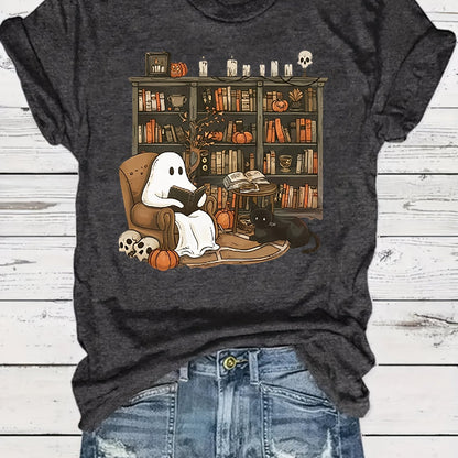 [Halloween T-Shirt] Women's Halloween T-Shirt - Cute Librarian Reading Graphic, Deep Gray Ghost Library Design, Casual Party Wear, Machine Washable, Perfect for Teachers & Holiday Costumes, Halloween Shirts SS69 11.69 Black / XXL