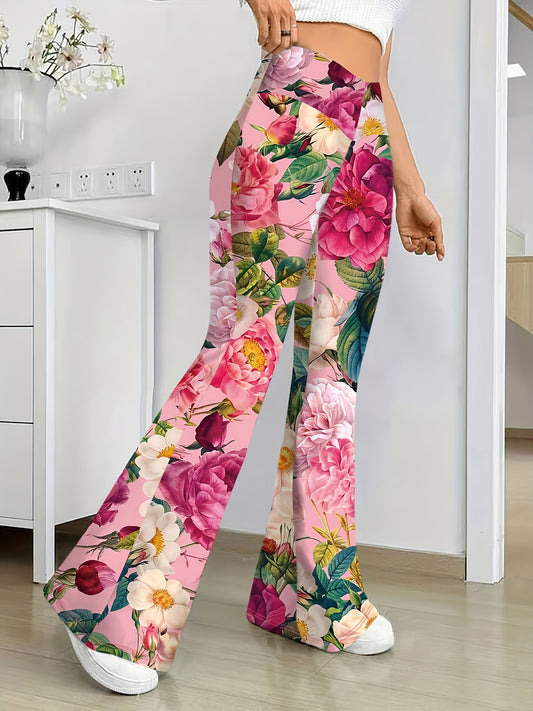 Elegant High-waisted Flared Pants with Floral Print for Women