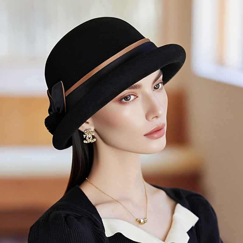 Women'S Elegant English Style Felt Hat - Lightweight Thermal Wide Brimmed Winter Bucket Hat with Brown Neckline, Soft Non-Elastic Design & Ear Flaps, All-Season Snug Fit for Weddings, Parties, New Year'S Events - Machine Wash