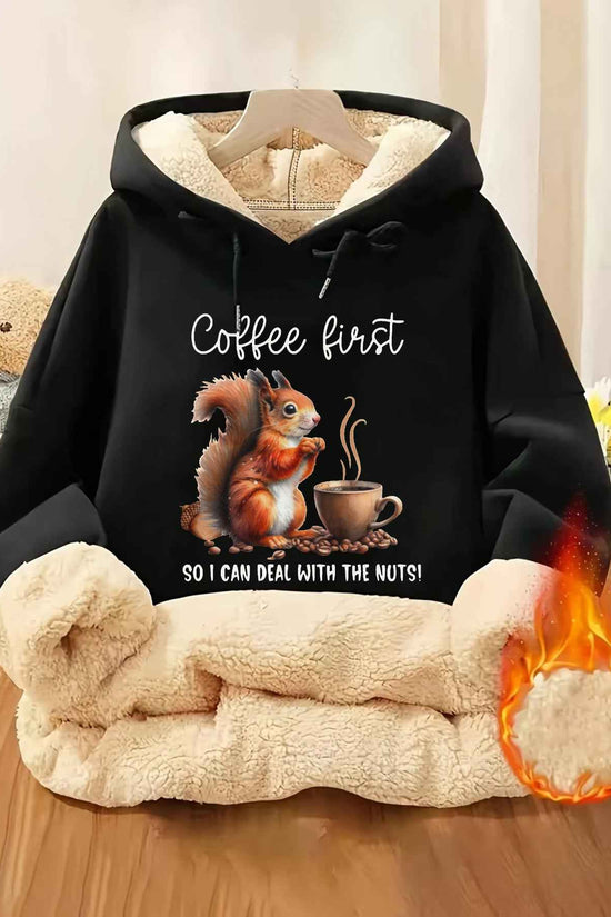Plus Size - Plus Size - Plus Size, Women'S Plus-Size Hoodie - Black with Coffee Cup Graphic - Cozy Fall/Winter Pullover Sweatshirt - Casual Everyday & Lounge Wear - Cute Animal Print Hooded Sweater for Women, Fall Fashion, Pl