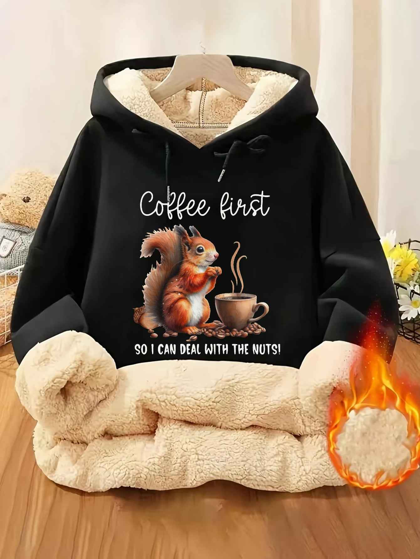 Plus Size - Plus Size - Plus Size, Women'S Plus-Size Hoodie - Black with Coffee Cup Graphic - Cozy Fall/Winter Pullover Sweatshirt - Casual Everyday & Lounge Wear - Cute Animal Print Hooded Sweater for Women, Fall Fashion, Pl
