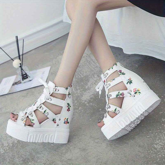 Women'S Chunky Platform Sandals - Slip-On High Heels with Lace-Up Back Zipper Closure, Non-Slip Platform Sole, Cushioned Insole - White Synthetic Cover Shoes for Parties, Weddings, Everyday - All-Day Comfort & Stability, Chun