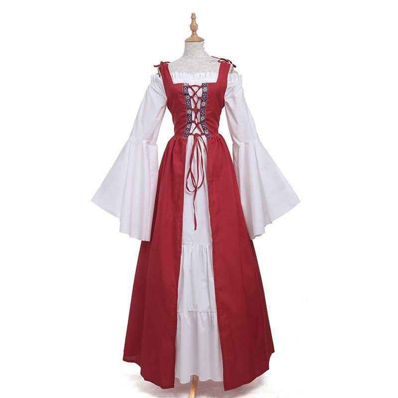 [Elegant Medieval Costume] Elegant Women's Medieval Two-Piece Costume - Renaissance Drama Outfit with Corset-like Bodice & Long Flowing Skirt | Halloween, Renaissance Faire, Themed Parties | Burgundy/White, Black/White, Green