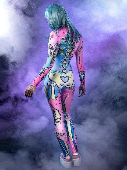 Women'S Sexy Halloween Costume - Long Sleeve Bodycon Jumpsuit with Neon Accents, Form-Fitting Cosplay Outfit for Halloween Parties, Themed Events - Sexy Party Attire for Women, Halloween Clothes, Themed Event Attire, Formfitt SS69
