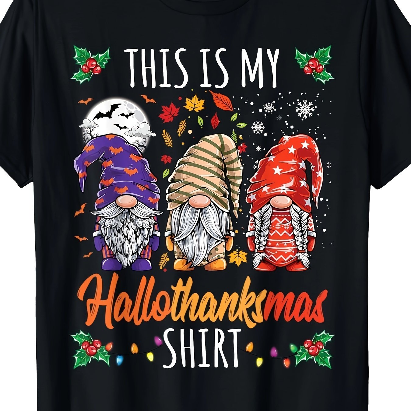 Men's Halloween & Thanksgiving Graphic T-Shirt - Black Short Sleeve Crew Neck with 3 Festive Gnomes, Autumn Leaves & Snowflakes Design - "This Is My Hallowthankmas Shirt" Casual Holiday Tee for Christmas Parties & Seasonal Ou SS69 11.69 Black / XXXL
