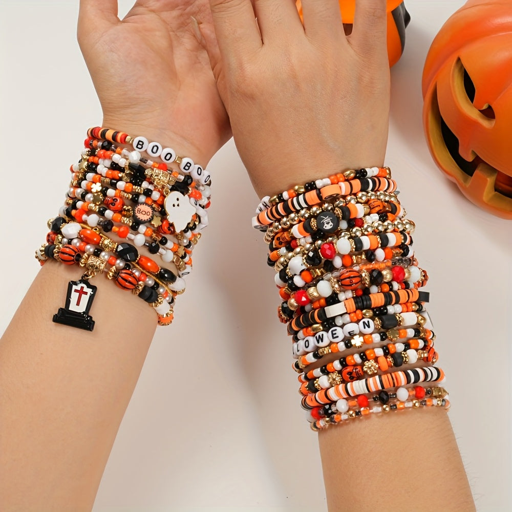[Spooky Halloween Bracelets] 6/12/18/24/30/36pcs Spooky Halloween Beaded Bracelets | Goth Pumpkin Bat Witch Charm Stretch Stackable Bracelet Set for Women Men - Orange Beads Holiday Jewelry Gifts for Everyday Wear And Parties SS69