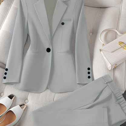Women'S Casual Two-Piece Set, Fashionable Business Style, Solid Color, Long Sleeve, Polyester, with Lapel Collar, and Pants, for All Seasons SS69 52.69 Silvery Grey / XXL