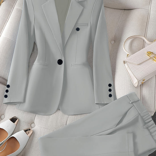 Women'S Casual Two-Piece Set, Fashionable Business Style, Solid Color, Long Sleeve, Polyester, with Lapel Collar, and Pants, for All Seasons SS69 52.69 Silvery Grey / XXL