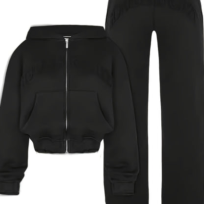 Chic Women's Athletic Set: Full-Zip Hoodie & Slim-Fit Pants - Comfortable, Adjustable, and Stylish with Letter Print Design - SS69