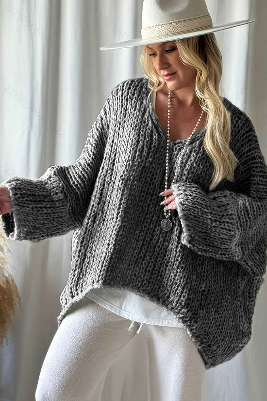 Plus Size, Women's Plus Size Oversized V-Neck Sweater - Winter Warm Solid Color Pullover, Elegant Casual Loose Fit Sweaters for Fall/Winter Layering, Hand Washable Cozy Blouse
