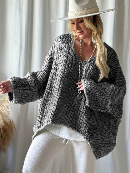 Plus Size, Women's Plus Size Oversized V-Neck Sweater - Winter Warm Solid Color Pullover, Elegant Casual Loose Fit Sweaters for Fall/Winter Layering, Hand Washable Cozy Blouse