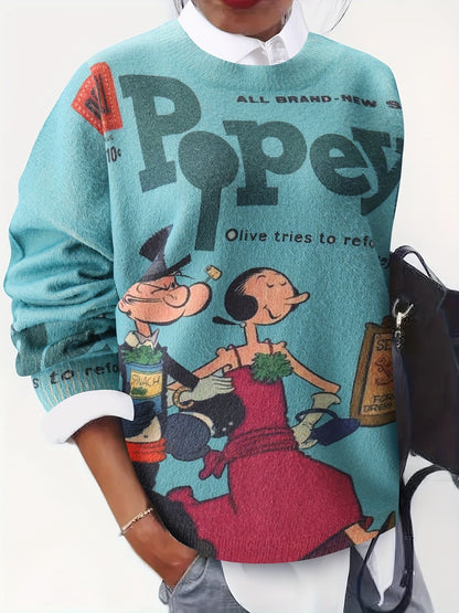 [Cartoon Sailor Graphic Sweater] Elegant Cartoon Sailor Graphic Mink Fleece Knit Sweater - Crew Neck Long Sleeve Pullover for Women, Machine Washable, Big Pattern, Casual SS69