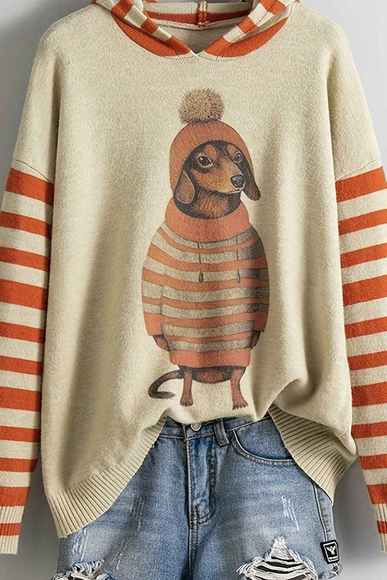 [Cute Sweater] Cute Dachshund Dog Plus Size Women's Casual Round Neck Long Sleeve Sweater | 3D Digital Print, Navy Blue, Cozy Fall Winter Top, Dog Sweater, Winter Comfort Clothing, Texture