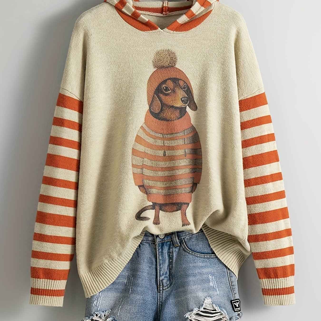 [Cute Sweater] Cute Dachshund Dog Plus Size Women's Casual Round Neck Long Sleeve Sweater | 3D Digital Print, Navy Blue, Cozy Fall Winter Top, Dog Sweater, Winter Comfort Clothing, Texture