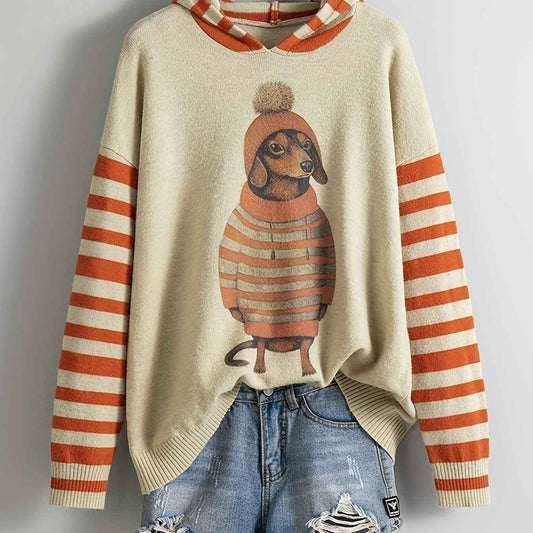 [Cute Sweater] Cute Dachshund Dog Plus Size Women's Casual Round Neck Long Sleeve Sweater | 3D Digital Print, Navy Blue, Cozy Fall Winter Top, Dog Sweater, Winter Comfort Clothing, Texture