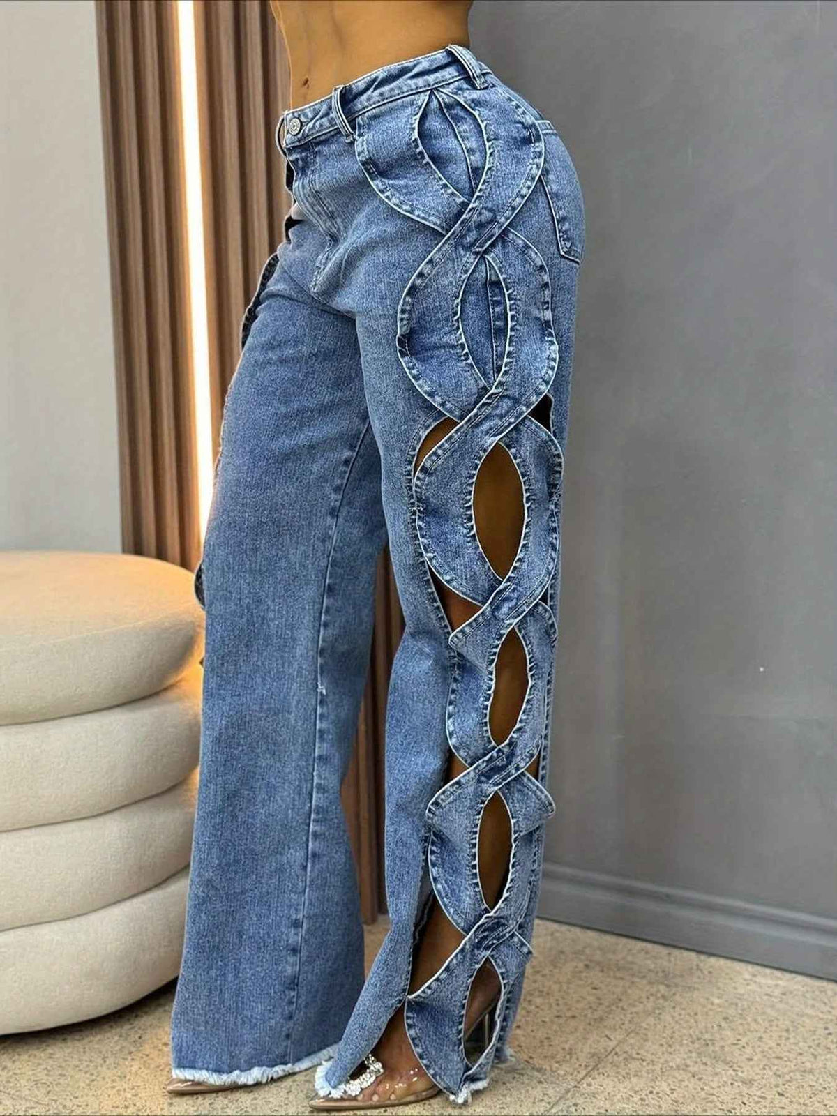Women'S High-Waisted Wide-Leg Jeans with S-curve Side Cut-Out Design - Stretch Denim, Comfort Fit Leg-Lengthening Pants for Spring/Summer Streetwear & Date Nights, High Waisted Jeans, Date Night Attire, Fashionforward Look, S
