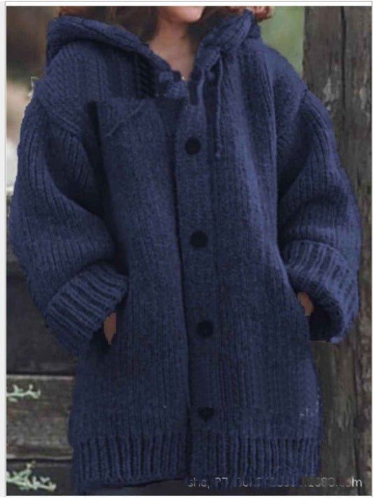 Plus Size, Plus Size Elegant Hooded Cardigan Jacket - 100% Winter Sweater Coat with Front Button Closure, Hooded Long Sweater Jacket Suitable for Fall/Winter, Brown/Navy/Red - Casual & Formal Wear, Machine Washable Cozy Outer