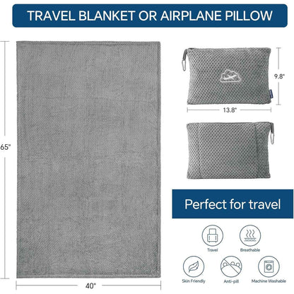 2-in-1 Ultra-Soft Flannel Travel Blanket with Pillow Travel Blanket Airplane Compact with Bag, Portable And Packable 2in 1 Jacquard Travel Pillow And Blanket Set, for Office, Sofa, Airplane & Car with Luggage Cover & Backpack